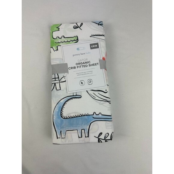 Pottery Barn Baby Gator Organic Crib Fitted Sheet 27.5"x52" White / Multi - Picture 1 of 3